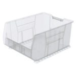 The Metro MB30289CLS Large Stacking Supply Bin, measuring 23.8 x 18.25 x 12, features a clear plastic design with a slightly textured surface and a convenient lower front for easy access.