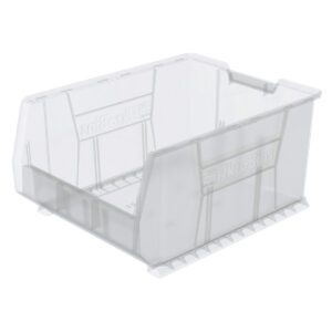 The Metro MB30289CLS Large Stacking Supply Bin, measuring 23.8 x 18.25 x 12, features a clear plastic design with a slightly textured surface and a convenient lower front for easy access.