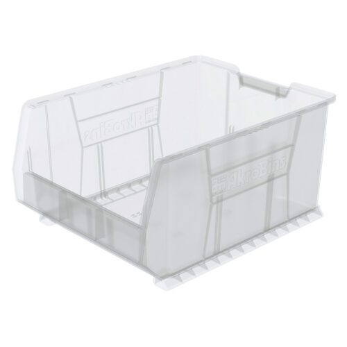 The Metro MB30289CLS Large Stacking Supply Bin, measuring 23.8 x 18.25 x 12, features a clear plastic design with a slightly textured surface and a convenient lower front for easy access.