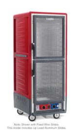 The Metro C539-CXDC-L C5 3 Series Insulated Holding/Proofing Cabinet in red has Dutch Clear Doors, lip load aluminum slides with metal shelving, rolling wheels, and operates at 220-240V, 50/60Hz. It features fixed wire slides with control knobs and a display panel on the bottom front.