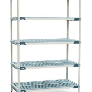 The MetroMax i 5X517GX3 Shelving Unit features a five-tier design with adjustable perforated blue shelves and a gray frame. It measures 24 x 24 x 74 and is free-standing against a white backdrop. Note: Actual dimensions might vary.