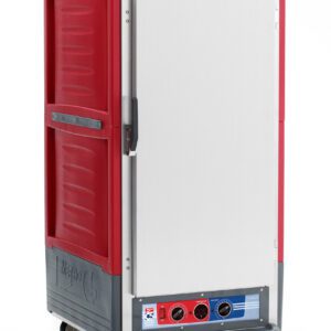 The Metro C537-MXFS-UA C5 3 Series Insulated Moisture Heated Holding/Proofing Cabinet, in red, has a full-length solid door, universal wire slides, and convenient handles. Its a 3/4 height, mobile unit with textured exterior and bottom control knobs and switches.