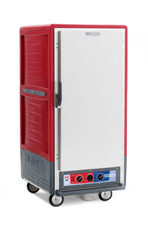 The Metro C537-MXFS-UA C5 3 Series Insulated Moisture Heated Holding/Proofing Cabinet, in red, has a full-length solid door, universal wire slides, and convenient handles. Its a 3/4 height, mobile unit with textured exterior and bottom control knobs and switches.