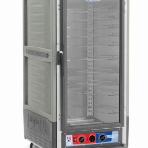 The Metro C537-MXFC-U-GYA C5 3 Series Cabinet, featuring a full-length clear door, universal wire slides, and four wheels for easy mobility, is a 3/4 height insulated moisture heated holding/proofing unit with bottom control knobs.