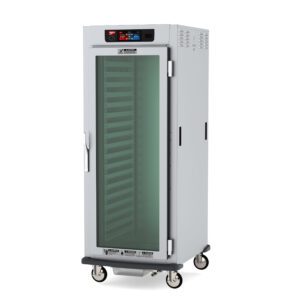 The Metro C599X-SFC-L C5 9 Series is a tall, metallic, full-height cabinet with a clear door and top digital controls. It features multiple wire shelves, lip load aluminum slides, wheels, ventilation openings for humidity control, and is suitable for 50/60Hz operation at 220-240V.