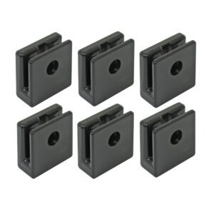 Six identical black rectangular pieces, matching the Metro WGBRKT SmartWall Grid Mounting Bracket Kit for Direct Wall Mount, are evenly spaced against a white background. Each plastic piece features a center circular hole and side grooves, arranged in two rows of three.