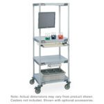 The Metro HPLC4X3 MetroMax i 4-Shelf Double HPLC Experiment Cart is a tall metal utility cart with four shelves to hold a monitor, keyboard, liquid containers, and a divided container for small items. It has wheels but no casters. Size variance and optional accessories are available.