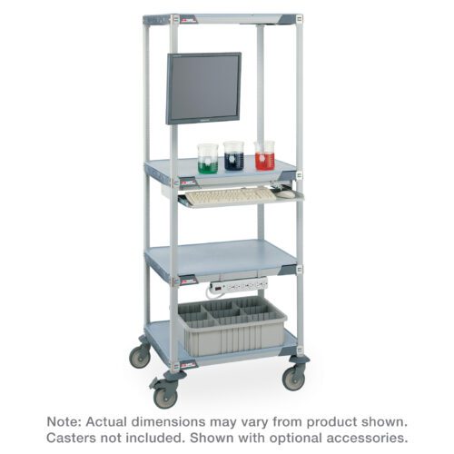 8ns4c9j91imbzxvw78pyhvplyouzgh47.jpg The Metro HPLC4X3 MetroMax i 4-Shelf Double HPLC Experiment Cart is a tall metal utility cart with four shelves to hold a monitor, keyboard, liquid containers, and a divided container for small items. It has wheels but no casters. Size variance and optional accessories are available.