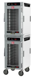 The Metro HBCN16-DC-M HotBlox is a dual-cavity, 16-pan mobile holding cabinet with a clear door and digital touchscreen controller. Each unit runs at 875W and 60Hz, ideal for keeping food warm in catering settings.