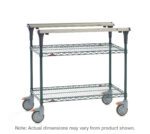 The Metro MS1848-NKNK PrepMate MultiStation 48 includes a three-tier cart with Metroseal Green Epoxy shelves and posts, plus a solid top shelf. It rolls smoothly on four gray wheels, each with an orange lock. Note: Actual dimensions may differ from those shown.