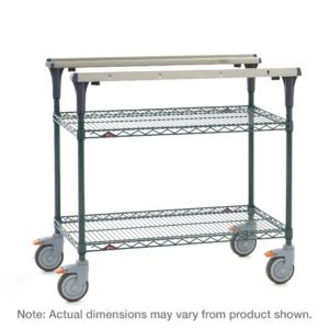 The Metro MS1848-NKNK PrepMate MultiStation 48 includes a three-tier cart with Metroseal Green Epoxy shelves and posts, plus a solid top shelf. It rolls smoothly on four gray wheels, each with an orange lock. Note: Actual dimensions may differ from those shown.