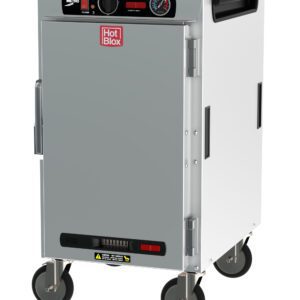 The Metro HBCN8-AS-M HotBlox Narrow 8-Pan Cabinet features a silver design with wheels, analog controller, 875W power capacity, clear temperature gauge, top ventilation panel, and Hot Blox logo on the solid door. Powered at 120V, 60Hz with NEMA 5-15P plug.