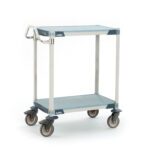 Meet the MetroMax i MXUC1830F-25L: an 18 W x 30 L x 39.25 H blue and gray utility cart with solid shelf mats, two shelves, four wheels, and a metal handle—ideal for efficient item transport in labs.
