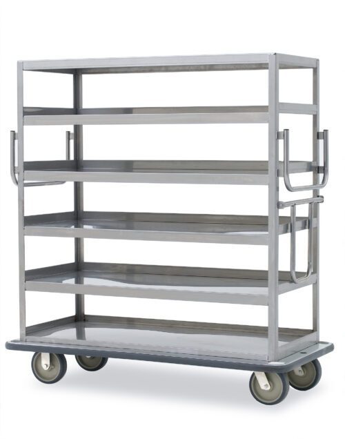 8rs5n4ej6trvqel1c7x9kle768yt6769.jpg The Metro MQ-512F-H Queen Mary Banquet Service Cart boasts an open-frame, stainless steel design with 5 flat shelves and swing-up pull handle, perfect for industrial use. It offers smooth-rolling wheels and side handles for easy maneuvering and secure item transport.