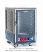 The Metro C535-CXFC-L-GYA is a 1/2 height insulated holding/proofing cabinet with a full-length clear door, vibrant red and blue controls, Lip Load Aluminum Slides, and fixed wire slides for trays. It operates at 220-240V, 50/60Hz with 1681-2000W power and is mounted on four wheels.