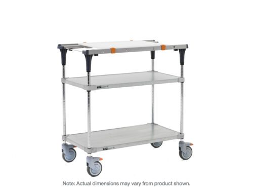 The Metro MS1824-FGFG-PK1 PrepMate MultiStation 24 features a solid galvanized top and bottom, chrome posts, and includes four swivel casters for easy mobility. Note: Actual dimensions may vary from those shown.