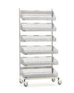 The Metro QB136-M6 qwikSIGHT Mobile Single-Sided 6-Basket Shelving Unit, a tall metal rack on four caster wheels, features seven slanted mesh baskets for organization. Its sleek silver frame stands out against any white background.