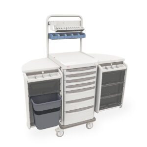 The Metro SXRSDCMED Starsys Decentralized Medication Cart boasts a white design, central drawers, a left pull-out trash bin, two side compartments with clear-fronted shelves, and a top shelf organizer with blue trays. Casters provide easy mobility in any healthcare setting.