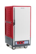 The Metro C537-HFS-4 C5 3 Series Insulated Holding Cabinet is a red 3/4 height mobile food warmer with a full-length solid door and fixed wire slides. It operates on 120V, features temperature control dials, and has wheels for easy mobility, with a textured design enhancing its sleek appearance.
