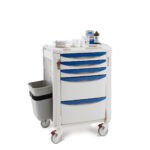 The Metro FLDRS Flexline Dressing Cart includes four blue drawers, a side bin, and provides space for items like gauze, wipes, disinfectant, and a bandage roll on top. It features four wheels for easy portability in any medical setting.