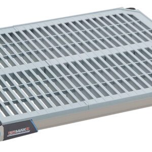 The image shows a MetroMax i MX2430G Plastic Industrial Shelf with a grid-like, vented surface, light gray color, dark gray corners, and subtle blue accents. It is part of a 24 x 30 stackable container system.