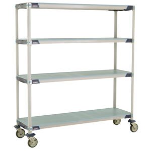 The MetroMax i X366EFX3 4-Shelf Industrial Plastic Shelving Mobile Cart features solid shelves and measures 18 x 60 x 67.3125. It has a light gray frame with blue corner accents and is equipped with caster wheels for easy mobility.