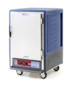 The Metro C535-HXFS-4-BUA C5 3 Series Insulated Holding Cabinet features a full-length solid door, fixed wire slides for warming food, and wheels for mobility. It operates on 220-240V power at 50/60Hz and 1681-2000W. The cabinet is portable with a black handle and comes in blue.