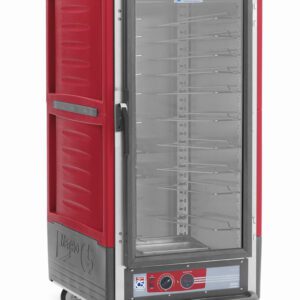The red Metro C537-HFC-UA C5 3 Series Insulated Holding Cabinet, with its wheels and 120V power, boasts a full-length clear door for showcasing multiple tray slots and features universal wire slides and bottom control knobs for precise temperature settings.