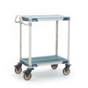 The MetroMax i MXUC1830FT-25L is a compact, two-shelf industrial polymer lab utility cart with a solid top shelf mat in blue and gray. It comes with four swivel wheels, a metal handle for easy maneuverability, and measures 18 W x 30 L x 39.25 H, ideal for efficient item transport.