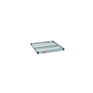 The Metro Super Erecta 2424NK3 Industrial Wire Shelf, measuring 24 x 24, showcases a Metroseal Green Epoxy finish with a grid design supported by four corner brackets and a subtle red label on a white background.