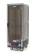 The Metro C539-MFC-U-GY C5 3 Series Cabinet offers a full-height, clear door with universal wire slides. Powered by 120V, 60Hz, and 2000W, it has control knobs at the bottom and four wheels for easy mobility.