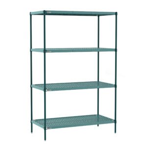The Metro PR-184274K3-S-4 Super Erecta Pro Industrial Wire Shelving Unit features a green, four-tier design with ventilated shelves and removable plastic mats, measuring 18 x 42 x 74. Its perfect for optimizing storage in any restaurant setting.