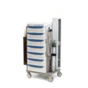 The Metro SXRSDIFAIR Starsys Difficult Airway Cart has multiple labeled drawers, essential medical supplies, an oxygen tank, and tubes. It glides smoothly on four wheels and features a sleek gray and white design.