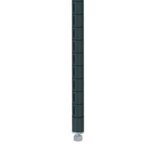 The Metro 33PQ-DSG qwikSLOT Wire Shelving Post, with its dark green vertical cylindrical design and narrow horizontal grooves, mimics a smoked glass finish. It stands tall on a small, square gray base, adding sleekness against the white background.