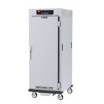 The Metro C599X-SFS-UPFCA is a full-height, industrial-grade heated cabinet with humidity control. It features a digital panel, sturdy handle, and is mounted on four wheels for mobility. It operates at 220-240V, 50/60Hz and has a full-length solid door on one side and a clear door on the other.