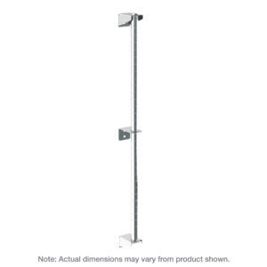 A stainless steel, tall, slim rod stands 13 high with three evenly spaced rectangular brackets for the Metro 13PDFS Super Erecta Wall Mount Post. Each bracket features a central opening, and dimensions are noted at the base.