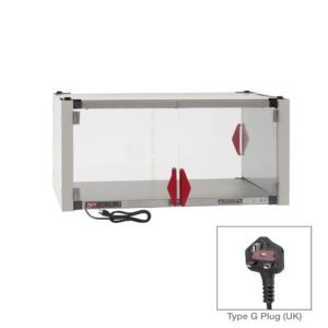 The Metro HSX2436-EKIT-UK Super Erecta Hot Enclosure Kit features a stainless steel heated shelf with transparent sliding doors and red handles. It delivers 336-400W of power and includes a black power cord with a Type G UK plug. Dimensions: 36.7 x 27.7 x 17.4.