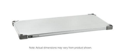 The Metro 1448FG Super Erecta Solid Shelf, made from galvanized steel with a silver finish, is a rectangular shelf featuring four triangular corner brackets and slightly elevated corners. Its dimensions measure 14 x 48.