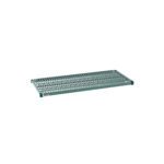 The Metro Super Erecta Pro PR2148NK3 Industrial Wire Restaurant Shelf features a sturdy metal frame and green grid design. This 21 x 48 shelf includes a removable plastic mat, ideal for industrial use, and is shown on a white background.