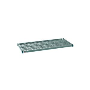 The Metro Super Erecta Pro PR2148NK3 Industrial Wire Restaurant Shelf features a sturdy metal frame and green grid design. This 21 x 48 shelf includes a removable plastic mat, ideal for industrial use, and is shown on a white background.