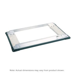 The Metro D2424NP truck dolly has an adjustable rectangular metal frame with black corner brackets, an aluminum finish, and a wraparound bumper for added protection. Dimensions may vary from those shown.