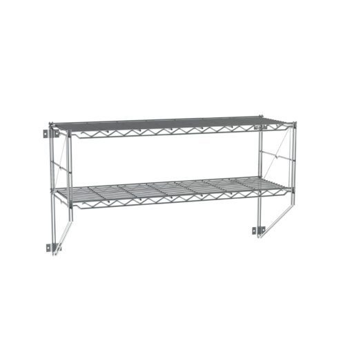 The Metro 12WS32C Erecta Shelf 2-Tier Wall Kit features a sleek chrome wire shelf with metal brackets, measuring 13 x 38.25 x 21; its minimalist design is highlighted against a plain white background.