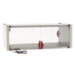 The Metro HS2448-EKIT is a white rectangular warming cabinet with dimensions 48.7 x 27.7 x 17.4, featuring transparent sliding doors, red handles, a stainless steel interior, and a black power cord at the bottom left corner, operating efficiently at 120V and 600W.