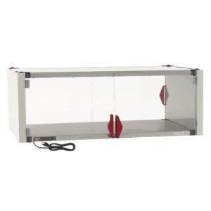 The Metro HS2448-EKIT is a white rectangular warming cabinet with dimensions 48.7 x 27.7 x 17.4, featuring transparent sliding doors, red handles, a stainless steel interior, and a black power cord at the bottom left corner, operating efficiently at 120V and 600W.