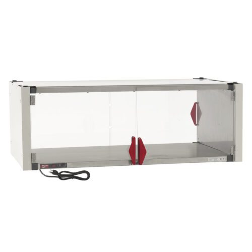 9pb1w2fu1r5mvcwfbecr7ifwuwprqvqh.jpg The Metro HS2448-EKIT is a white rectangular warming cabinet with dimensions 48.7 x 27.7 x 17.4, featuring transparent sliding doors, red handles, a stainless steel interior, and a black power cord at the bottom left corner, operating efficiently at 120V and 600W.
