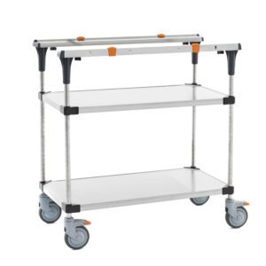 The Metro MS1836-FSFS PrepMate MultiStation 36 Prep Station features solid stainless steel top and bottom shelves, stylish stainless steel posts, four swivel wheels with two orange locks for stability, dual handles, and a three-tiered rolling design with silver trays and sleek black accents.