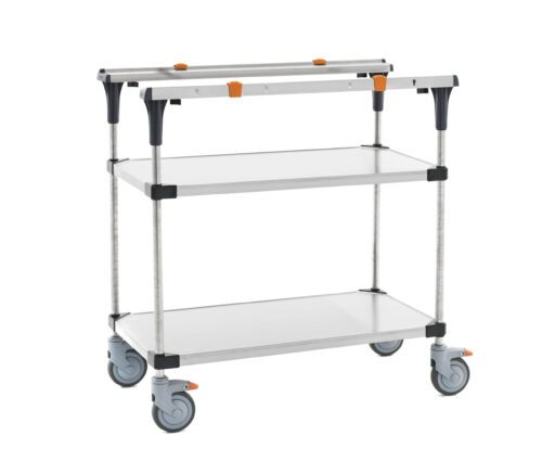 The Metro MS1836-FSFS PrepMate MultiStation 36 Prep Station features solid stainless steel top and bottom shelves, stylish stainless steel posts, four swivel wheels with two orange locks for stability, dual handles, and a three-tiered rolling design with silver trays and sleek black accents.