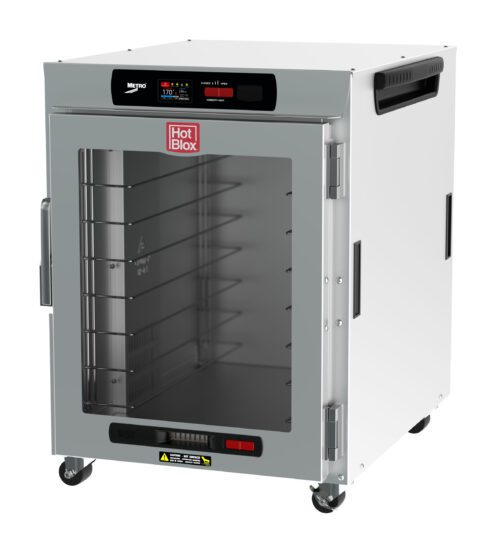 9rakbdkdaqh93nn8ucajod3leqcyb0mf.jpg The Metro HBCW8-DC-UC HotBlox Wide 8-Pan Holding Cabinet features a clear door, digital touchscreen controller, and 875W power. Its designed for mobility with wheels and multiple shelves for efficient warming.