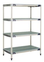 The MetroMax i X546GX3 is a 24 x 42 x 63, four-tier shelving unit with ventilated plastic shelves and metal supports in beige. This freestanding structure, with round black feet, is perfect for organizing items in garages or storage areas.