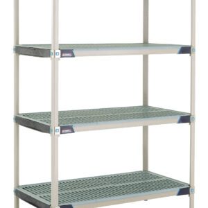 The MetroMax i X546GX3 is a 24 x 42 x 63, four-tier shelving unit with ventilated plastic shelves and metal supports in beige. This freestanding structure, with round black feet, is perfect for organizing items in garages or storage areas.